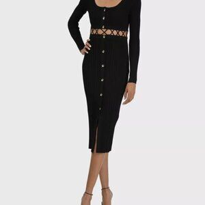 Prabal Gurung Button-Up Black Ribbed Midi Sweater Dress Lace-Up Detail XS